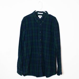 L.L. Bean Slightly Fitted Navy & Green Plaid Cotton Flannel Shirt